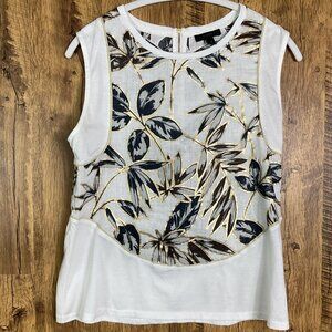 J. Crew Sleeveless Top, Cream Gold Foil Leaf Print Tropical Resort, XS, C3799